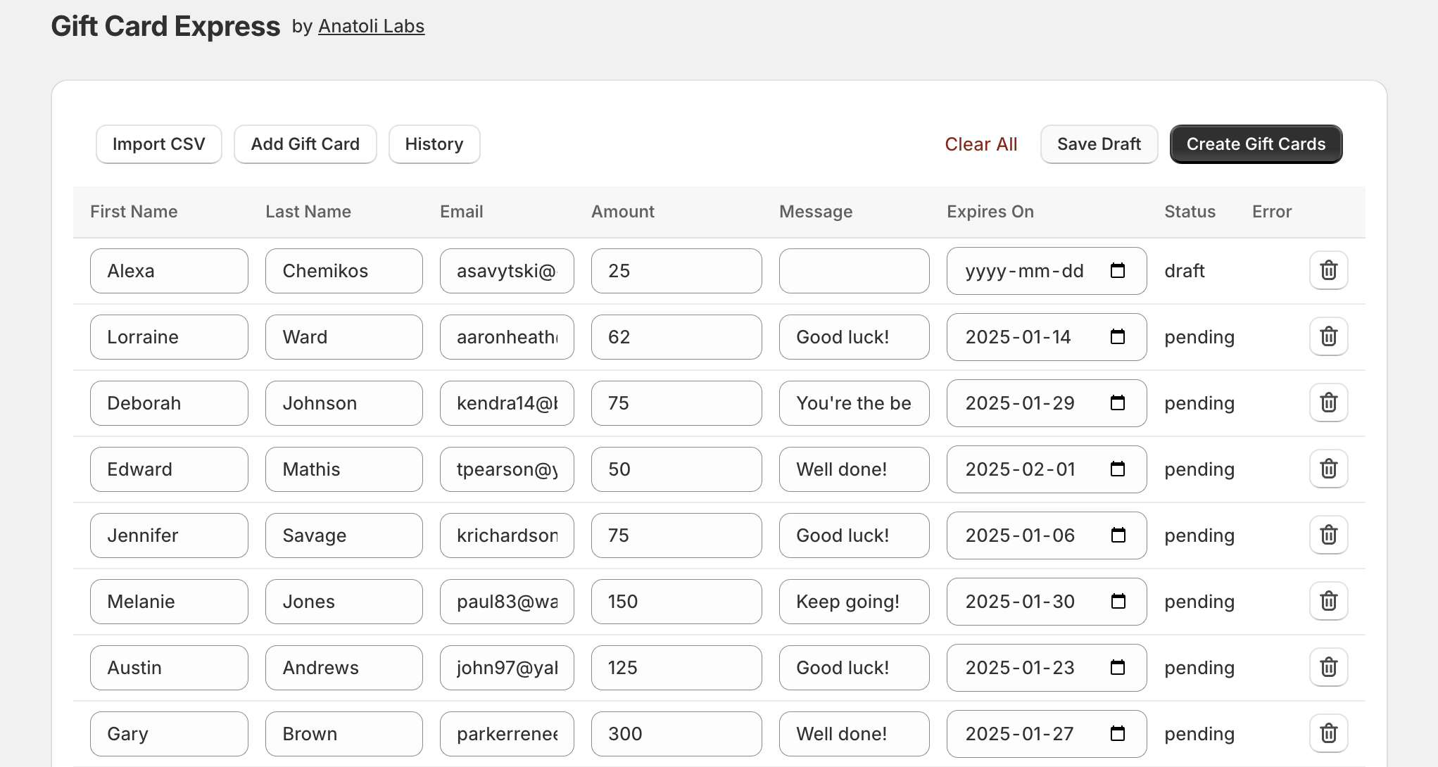Expresso Gift Cards app interface showing bulk gift card creation with CSV import and scheduling options
