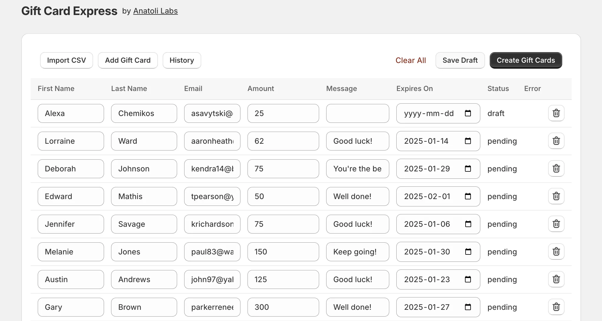 Expresso Gift Cards app interface showing bulk gift card creation with CSV import and scheduling options
