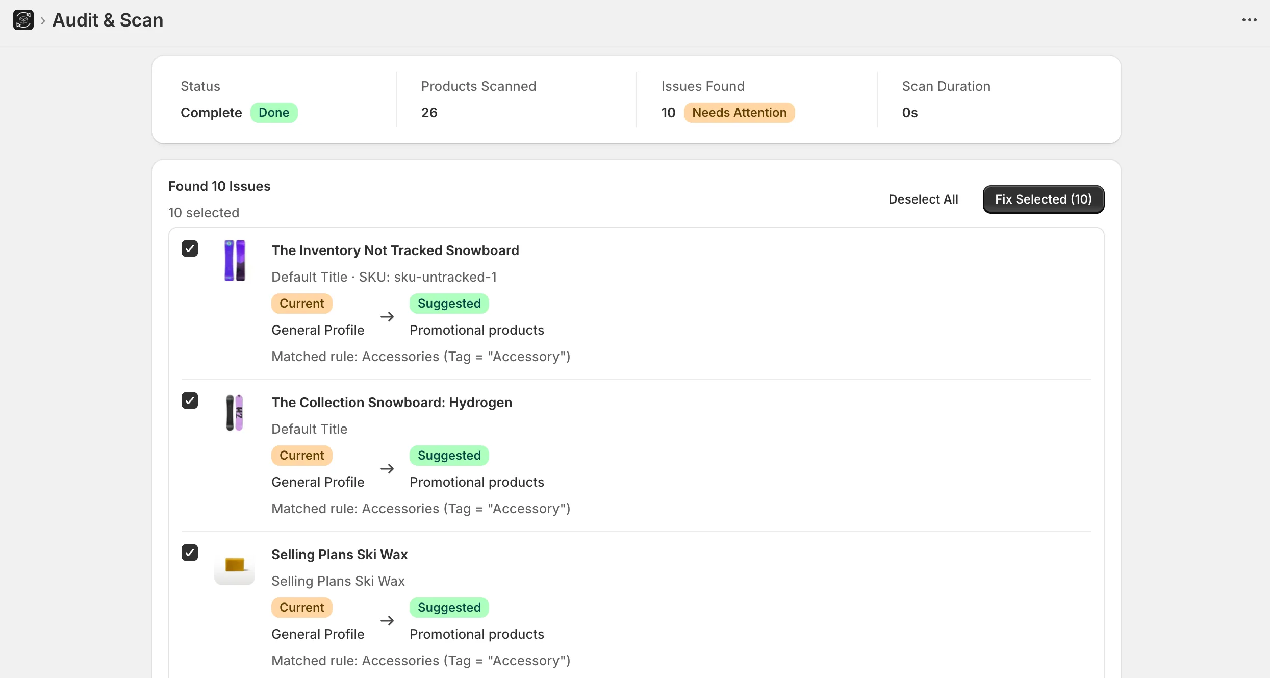Shipping profile audit showing products with misassigned profiles and options to fix them.